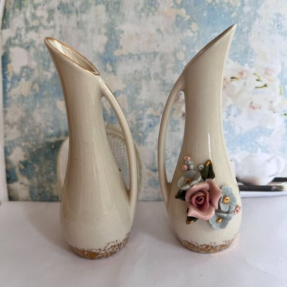 Vintage Ceramic Pitchers Capodimonte Style Floral Relief Gold Accents Set Of 2 - Picture 3 of 7